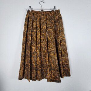 Vintage Cordier Womens Paisley Print Midi Pleated Skirt Size 9 Black/Gold Lined